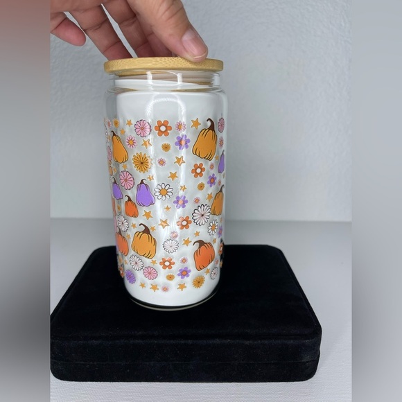 NWOT Pumpkin Patch Colorful Party 16oz Tumbler Bamboo Glass Straw Fall - Picture 5 of 8